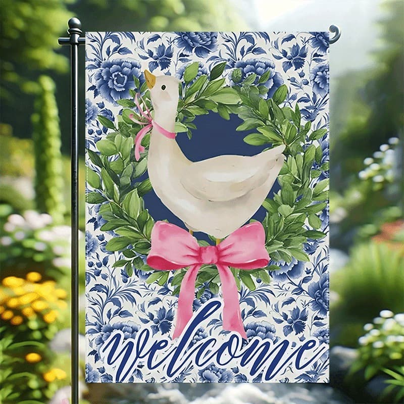 TEMU 1pc Garden Flag With , Green Wreath & Pink Bow For Outdoor Garden