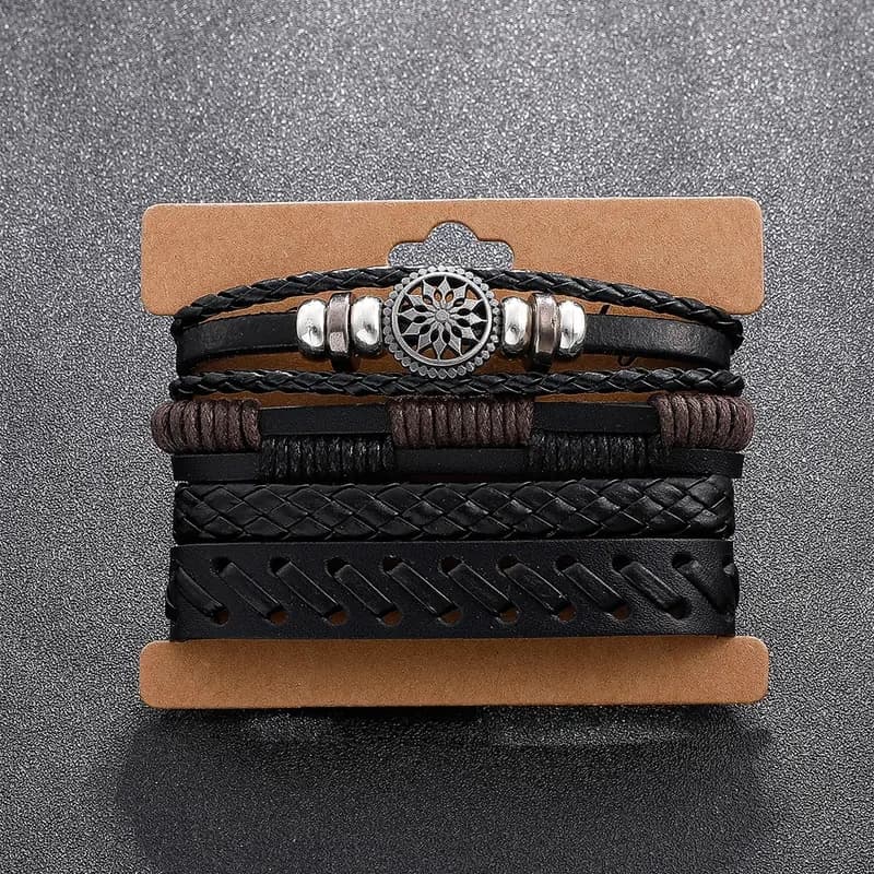 TEMU 4pcs/set Leather Bracelet For Men, Punk Bracelets Set, Pu Braided Wrap Wristband Shaped Jewelry Accessories Adjustable Black, Father's Day Gifts, High Quality Bracelet Set