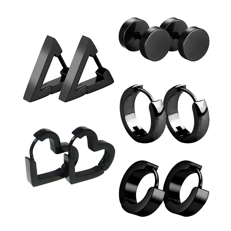 TEMU 5pairs Men's Black Stud Earrings Set Stainless Steel Huggie Ear Piercing, Heart & Shapes For Unisex