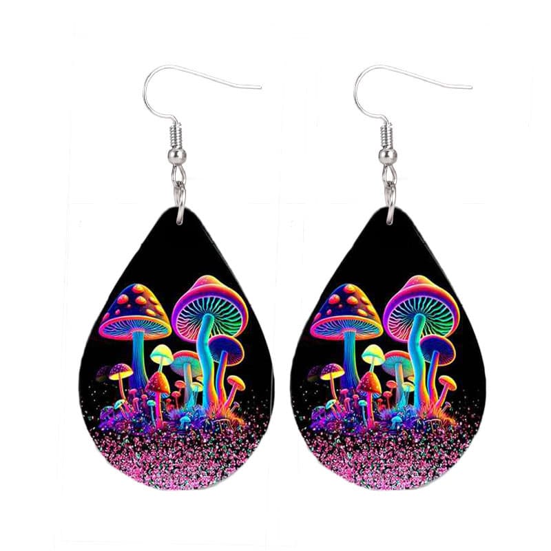 TEMU 1 Pair Luminous Mushroom Teardrop Shape Dangle Earrings For Women Double Sided Printed Pu Leather Earrings Jewelry