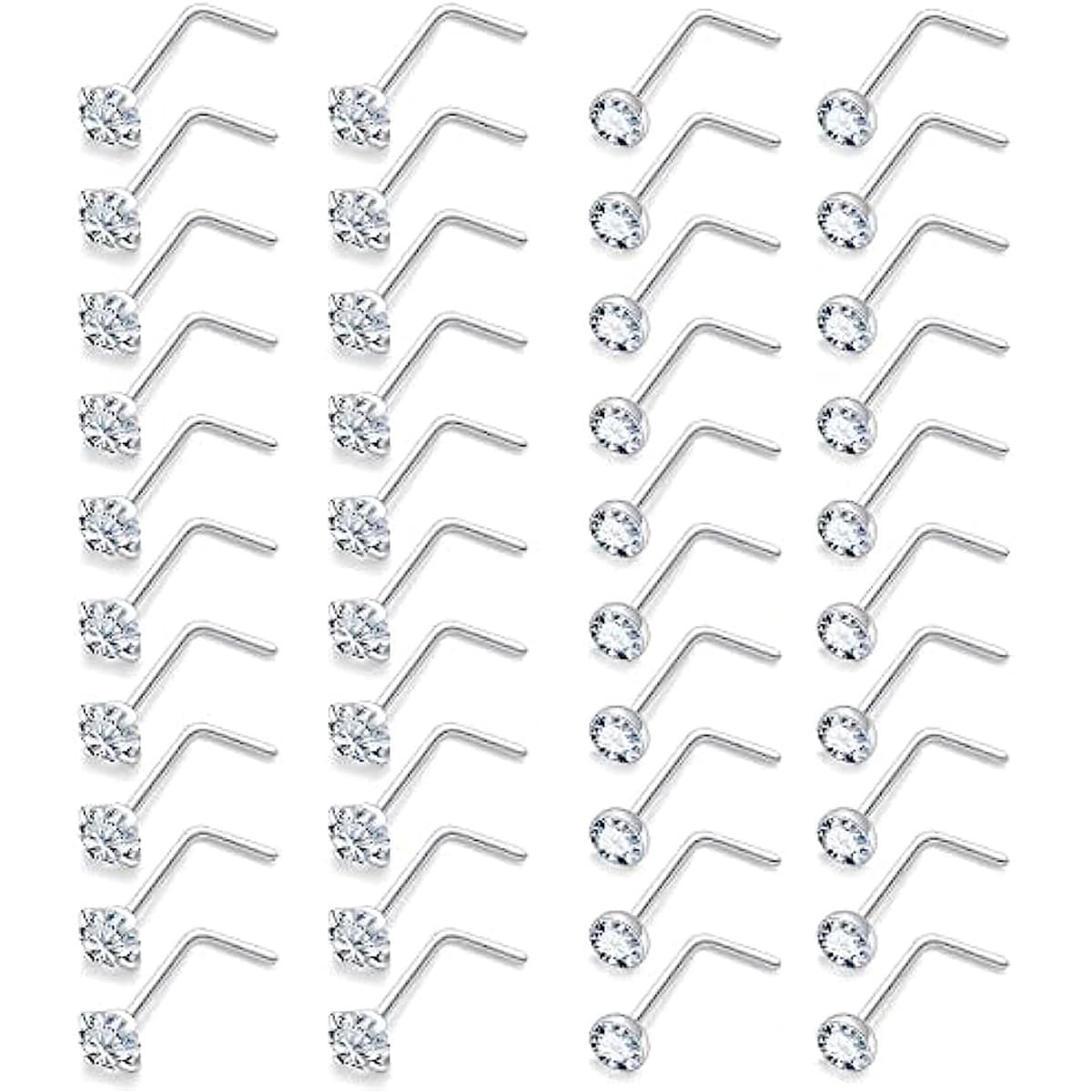 TEMU 40pcs Set 20g Nose Rings For Women 316l Surgical Stainless Steel L Shaped Nose Studs Screw Bone Nose Rings Piercings Nostril Piercing Jewelry 2mm