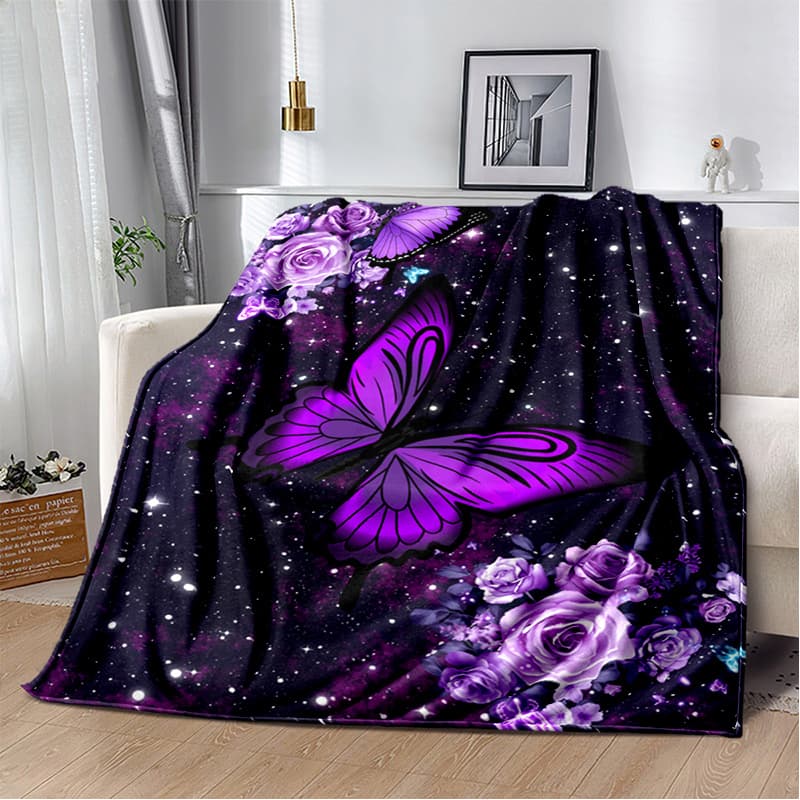 TEMU Purple Starry Sky Flower Plush Bed Throwing Cartoon Picnic Thin Blankets Modern Flannel Blanket Cover Printed Quilt Gift