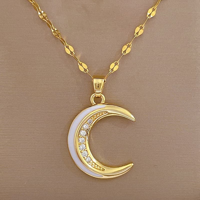 TEMU Stainless Steel Chain Oil-drop Moonlight Light Luxury Elegant Full-drill Necklace For Women, Internet-famous Versatile Clavicle Chain