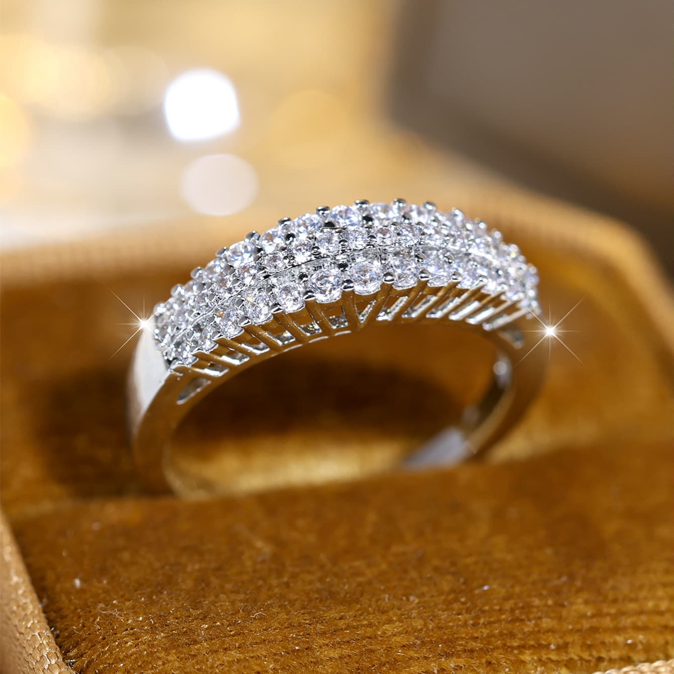 TEMU Elegant Temperament Three-row Synthetic Zirconia Luxurious Temperament Bride Wedding Super Sparkling Exquisite Ring Jewelry