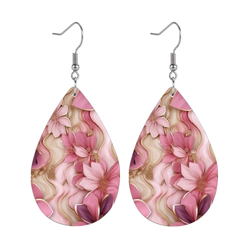 TEMU Chic Pink Floral Embossed Leather Earrings - Lightweight, Birthdays & Casual Attire, Universal