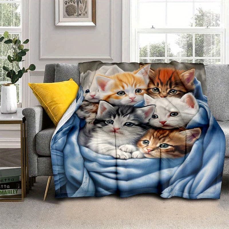 TEMU 1pc Cute Cat Thin Blanket - Lightweight Flannel Throw For Sofa, Bed, Travel, Camping, Livingroom, Office, Couch, Chair, And Bed - Digital Printing Fleece Blanket With Soft And Warm Flannel Fabric