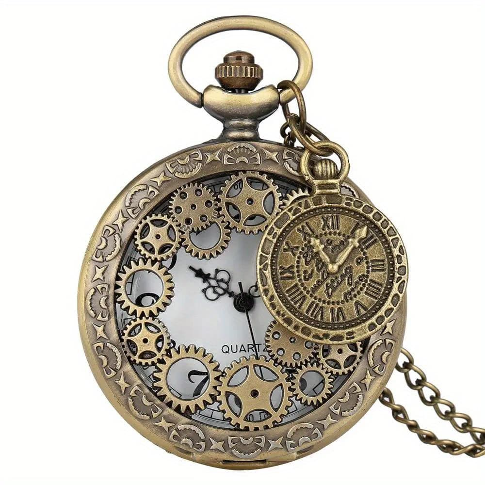 TEMU Vintage Steampunk Hollow Gear Quartz Pocket Watch Necklace Pendant Clock Chain Men's And Women's Accessories New Year's And Christmas Gifts