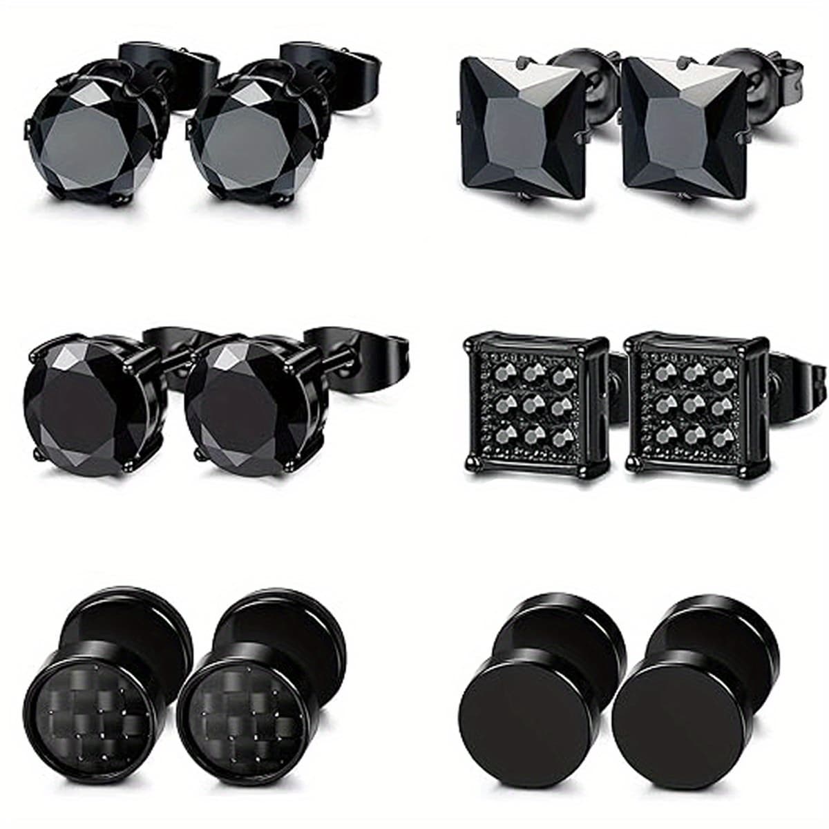 TEMU 6 Pairs Black Stud Earrings Set For Men Women Barbell Earrings 304 Stainless Steel Stud Earring Round Plug Earrings Gauges Ear Tunnel