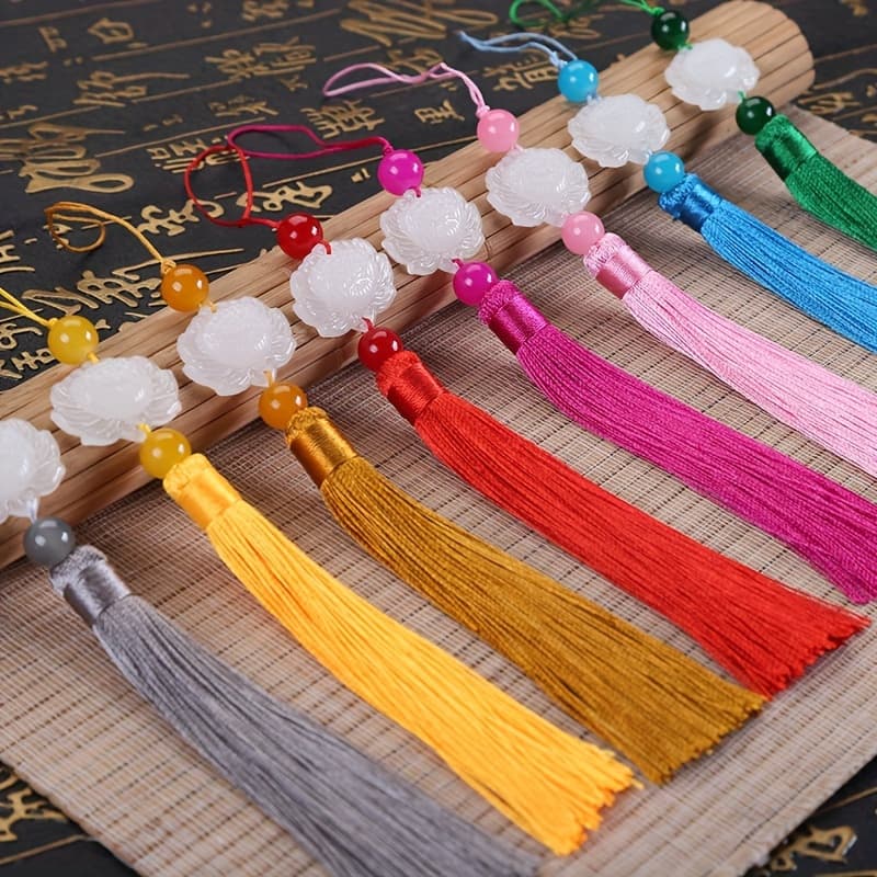 TEMU 10pcs Random Color White For Lotus Tassel Jade Transparent Fan Pendant With Tassel Hanfu Pressed Lapel Tassel Pendant, Used For Weddings, Holiday Decorations, Decorations