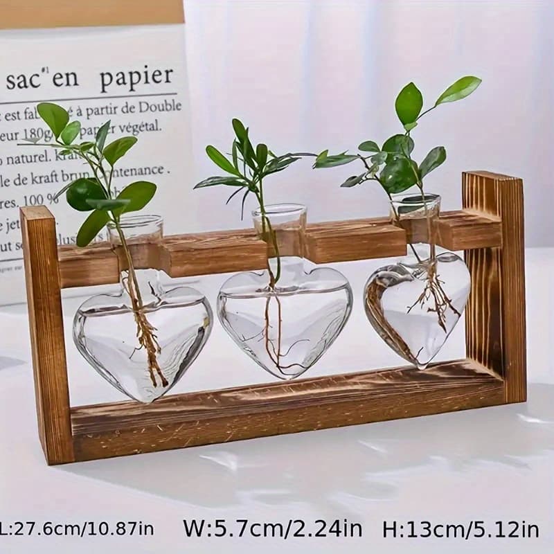 TEMU 1pc, Creative Wooden Frame Hydroponic Flower Vase, Heart-shaped Pine Glass Container, Suitable For Living Room Desk Home Decoration, Suitable For Holiday Gifts