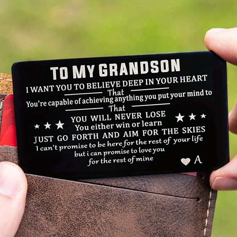 TEMU 1pc Engravable Wallet Card For Grandson - Name/date/message, Elegant Male Gift Suitable For Grandson Birthday, Machine Washable & Dry Token For Wallets Or Scrapbooks