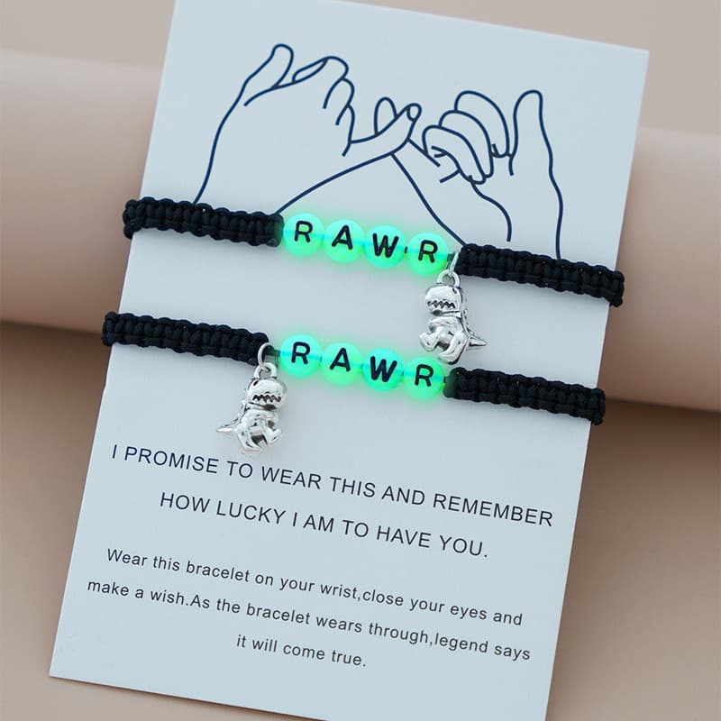 TEMU 4pcs Luminous Beads Black Rope Braided Bracelet Set With Dinosaur Pendant Adjustable Hand Set With Gift Card For Music Festival