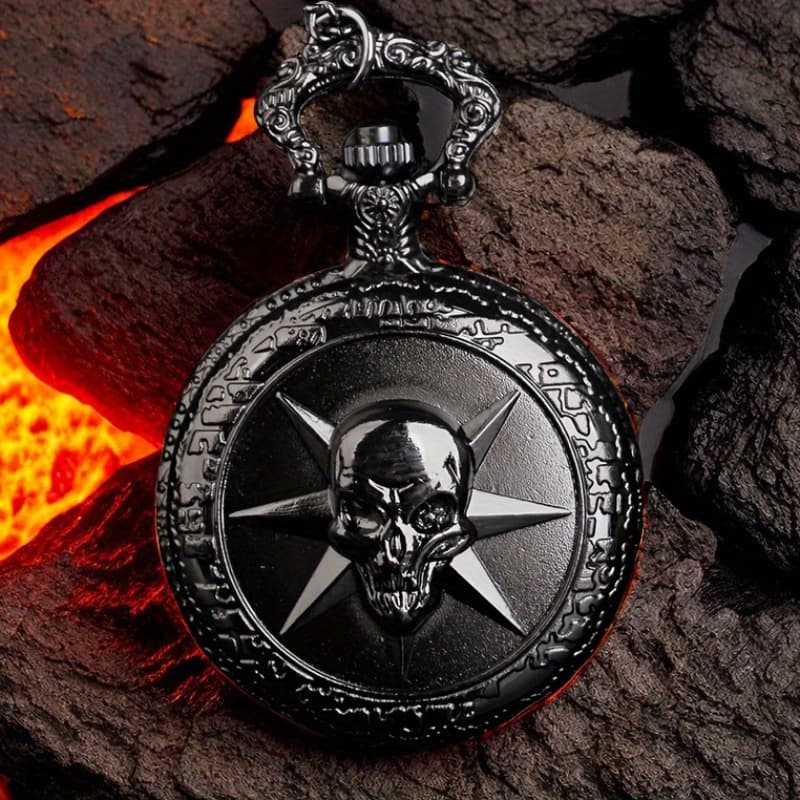 TEMU Black Skull Pendant Pocket Watch With Necklace Chain Gifts