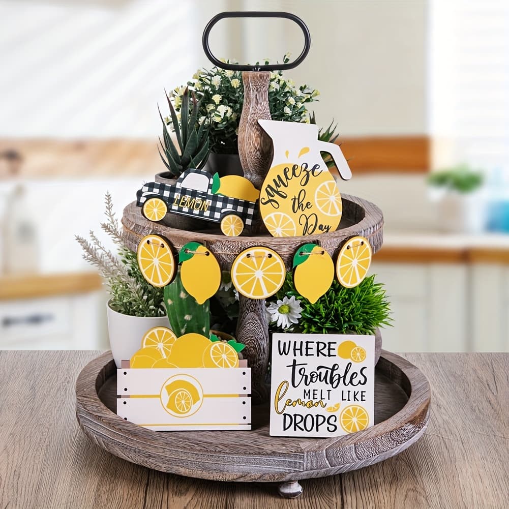 TEMU 1 Set Lemon Style Mini Layered Tray Decoration Wood Crafts Desktop Decoration Tiered Tray Decor Wooden Decor Rustic Farmhouse Lemon Decor Sign Sign For Layered Pallets