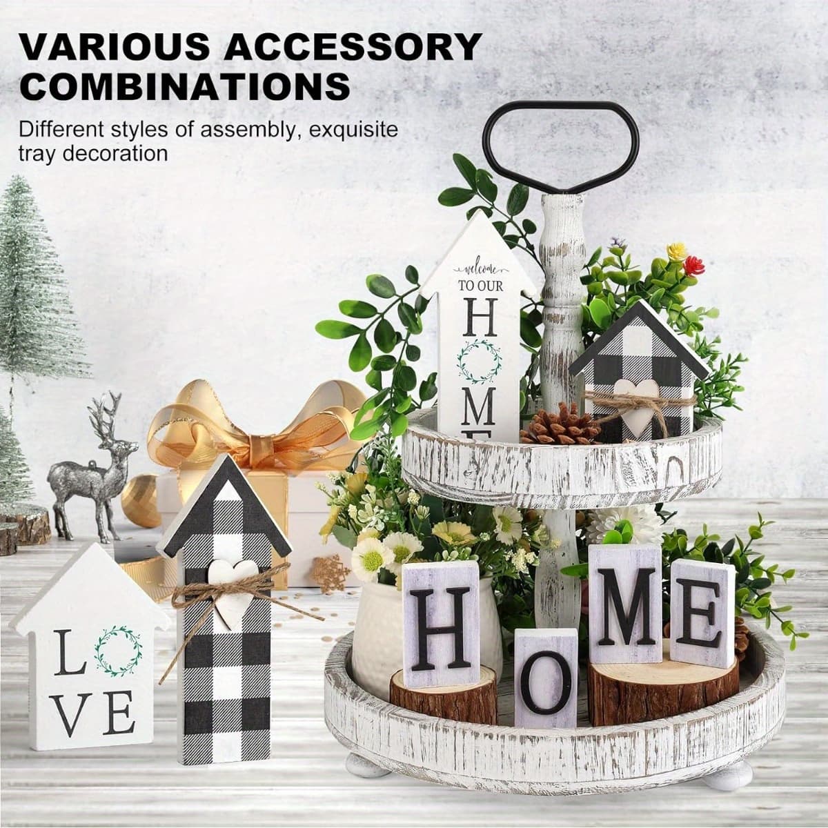 TEMU 8pcs Farmhouse Tiered Tray Decor Set With Decor For Rustic Home Kitchen Table Dining Room Decor, Home And Sign Decor, Non-food Contact