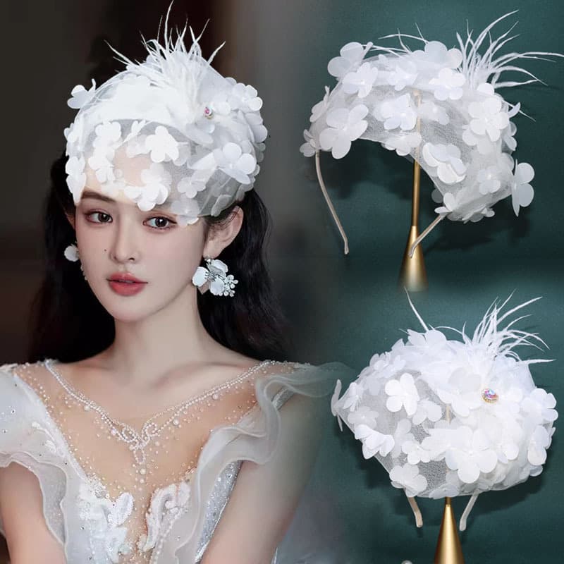 TEMU 1pc Elegant Sparkling Embellished Mesh Flower Headband-party Wear, Suitable For Christmas, New Year's Day, Valentine's Day Gift Ornaments-simulated Feather Semi-bowler Hat Accessory