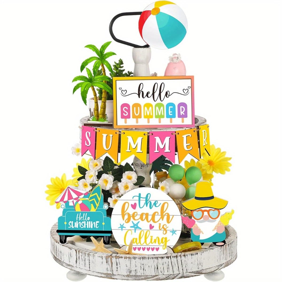 TEMU 1 Set Summer Tiered Tray Decor Set Hello Summer Decor Farmhouse Hawaii Tier Tray Decor Mini Beach Sign Items Decor Rustic Summer Decorations For Home Table Kitchen Shelf Decortray Not Included