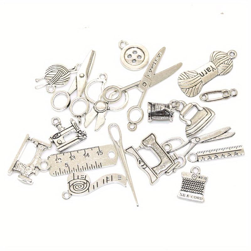 TEMU Tailor Tools Pendant Diy Alloy Jewelry Buttons 18pcs Mixed Sewing Collection Charms Antique Alloy Metal Scissors Pipe Yarn Knot Button Pendants For Making Supplies