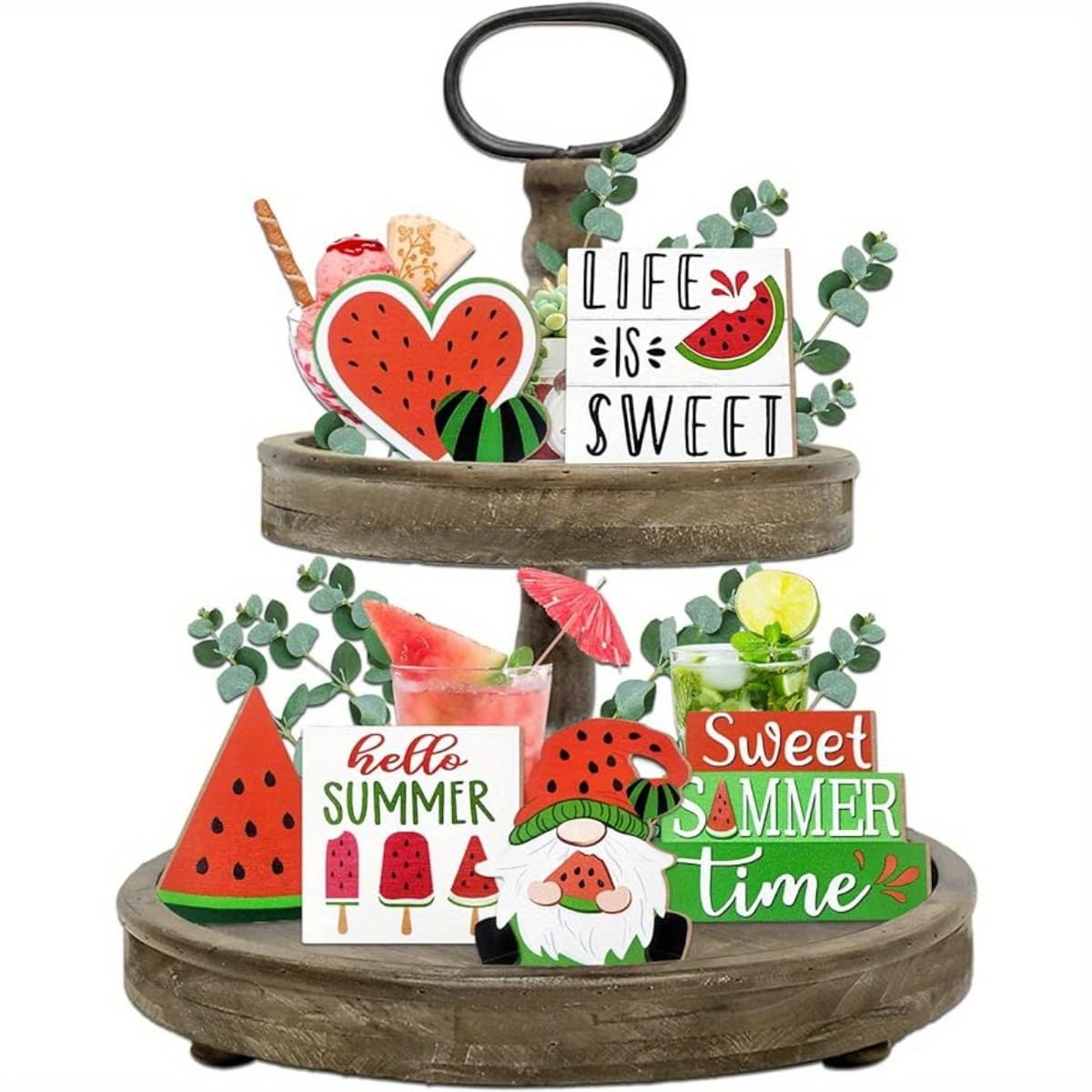 TEMU Summer Tiered Tray Decor, Farmhouse Watermelon Tray Decorations, Hello Watermelon Wooden Signs, Rustic Summer Home Decor For Table Office Holiday Party
