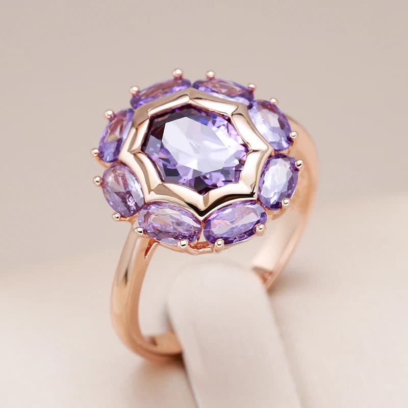 TEMU Unusual Sparkling Oval Purple Stone Rings For Teenager Luxury Golden Color Fine Jewelry, For Teenager, For Teenager