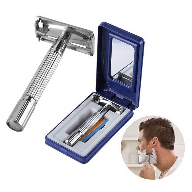 TEMU Platinum Razor With Stainless Blade And Mirrored Case - Deluxe Shaving Kit For A Perfect Unisex Grooming Experience