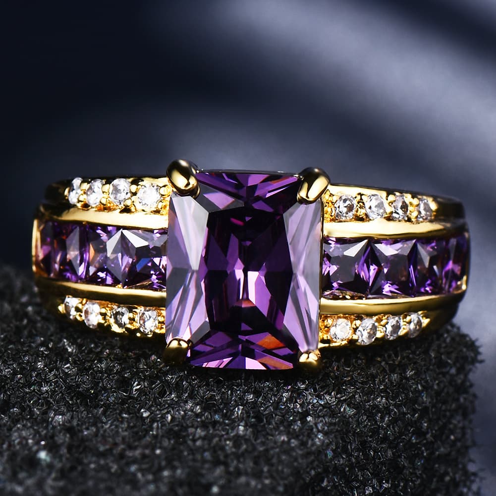 TEMU Fashion Exquisite Rectangle Cut Purple Stone Ring Golden Color Engagement Princess Love Synthetic Synthetic Synthetic Zircon Ring Valentine's Day Gift