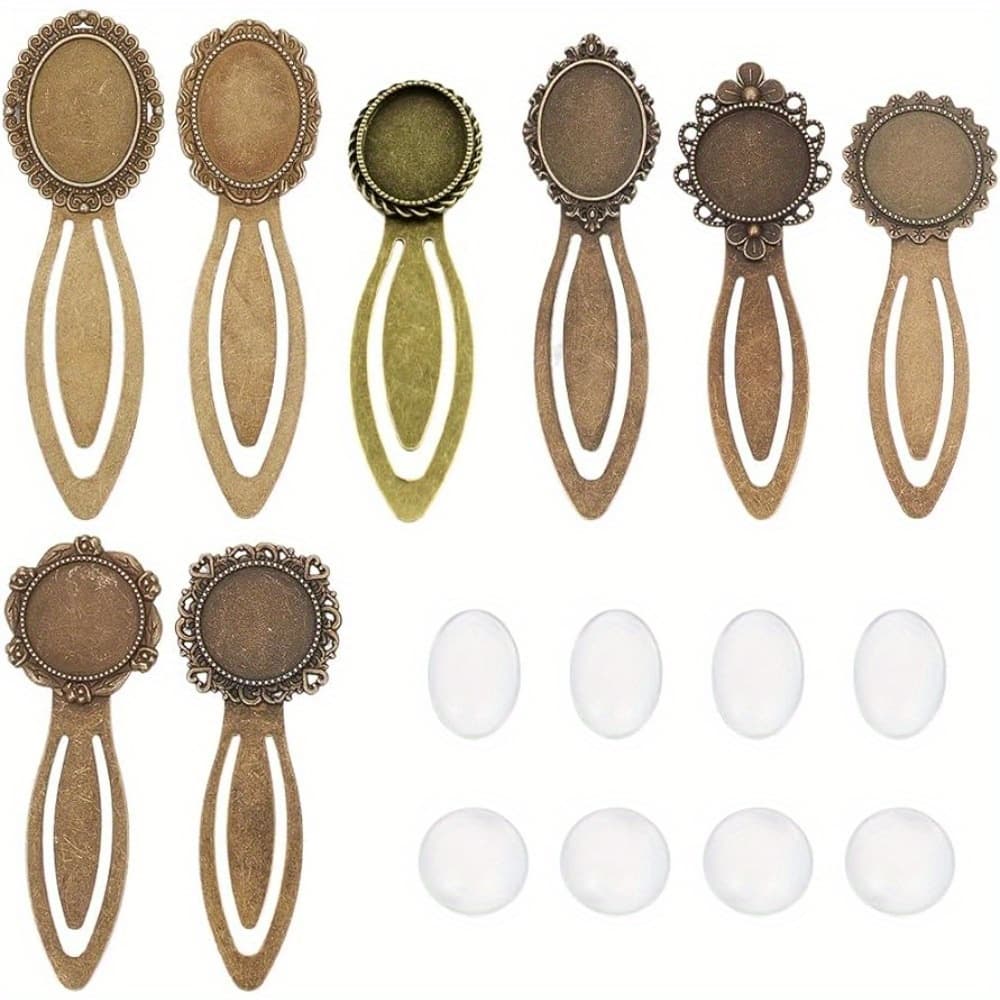 TEMU 16pcs 8 Sets Vintage Bookmark Metal Bronze Bookmark Bezel Tray Cabochon Bookmarks Making Kit Clear Glass Cabochons Book Mark Blanks Bookmark Bezels For Adults Crafts