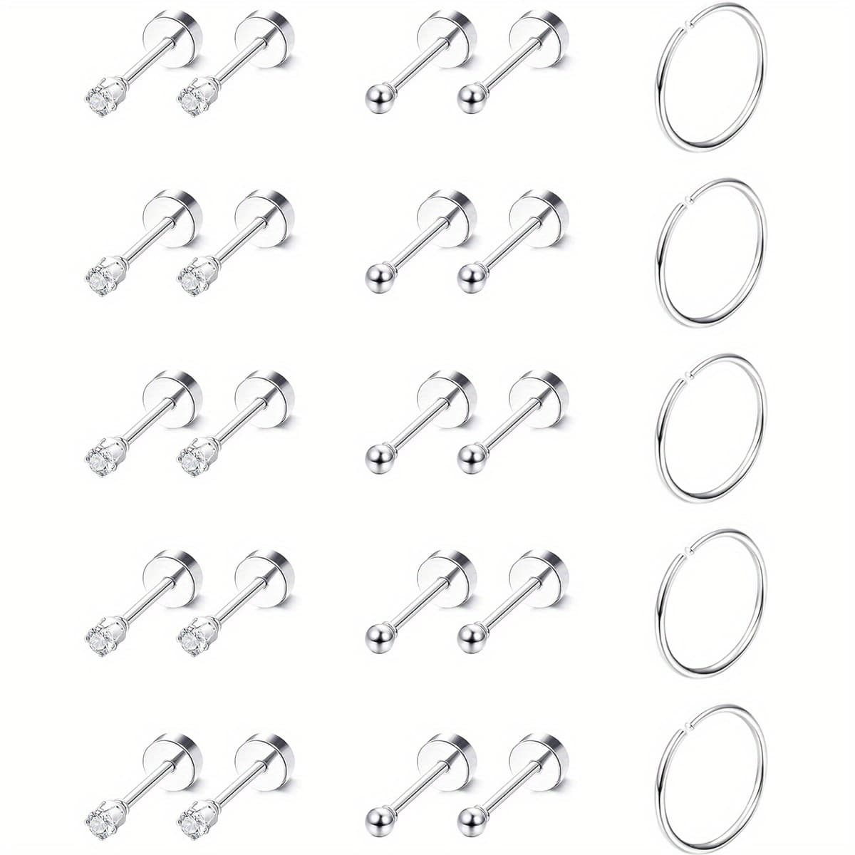 TEMU 25pcs Tiny Stainless Steel Golden Stud Earrings For Men Women, Comfy Screw Back Flat Back Stud Earrings Cz Dot Ball Small 2mm Stud Earrings Set 20g