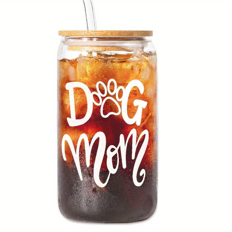 TEMU Dog Mom 16oz Glass Tumbler With Lid & Straw - Perfect Gift For Dog Lovers, Reusable Transparent Drinking Cup