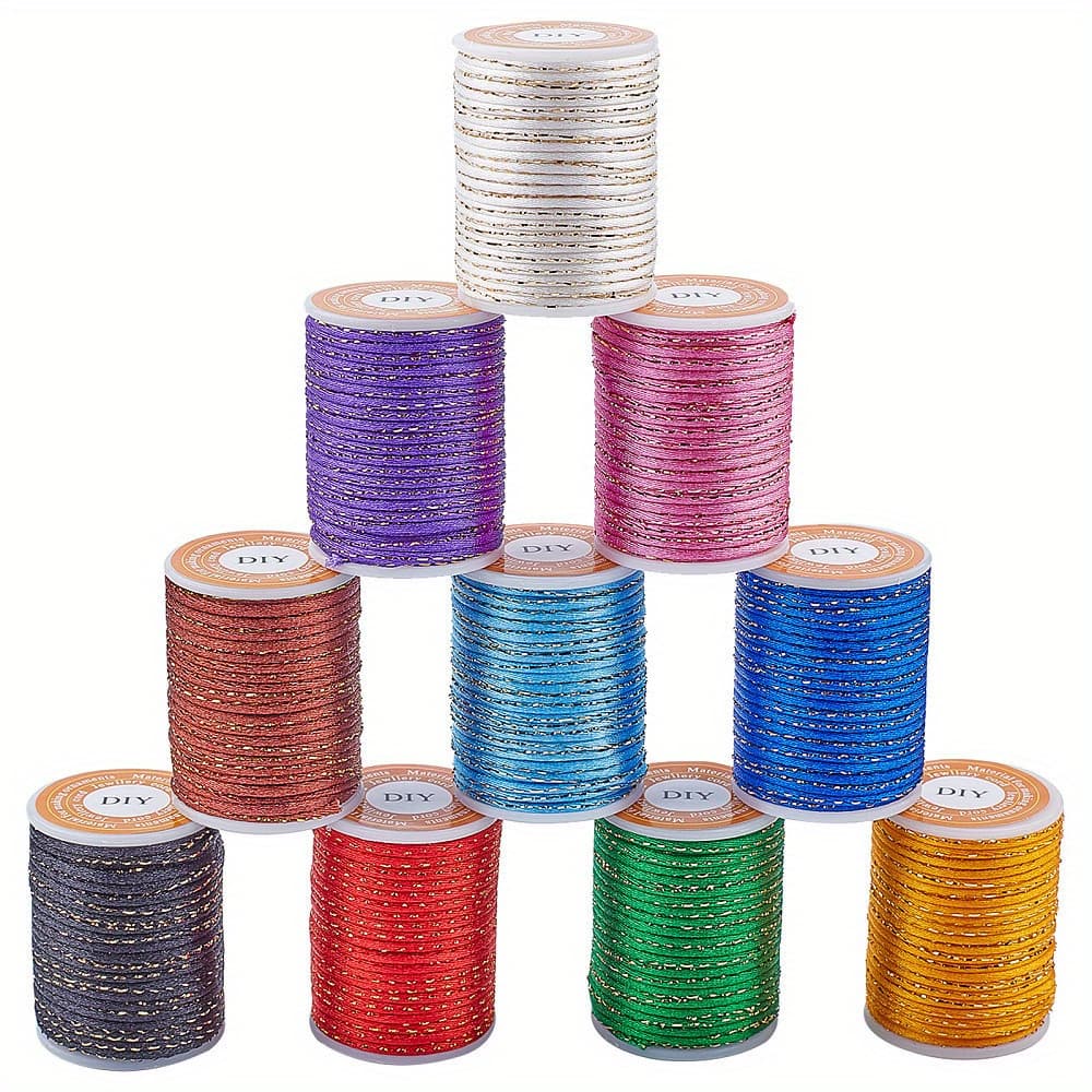 TEMU 1set 10 Rolls 43 Yard Satin Nylon Trim Cord 1.5mm Polyester Chinese Knotting Cord With Golden Metallic Cord For Necklace Bracelet Beading Cord - 10 Colors