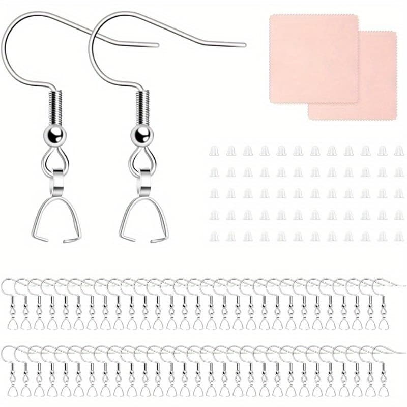 TEMU Diy Earring Making Kit - 100pcs Hypoallergenic Stainless Steel Hooks With Pendant Clasps, Clear Silicone Backs & Polishing Cloths - Silvery