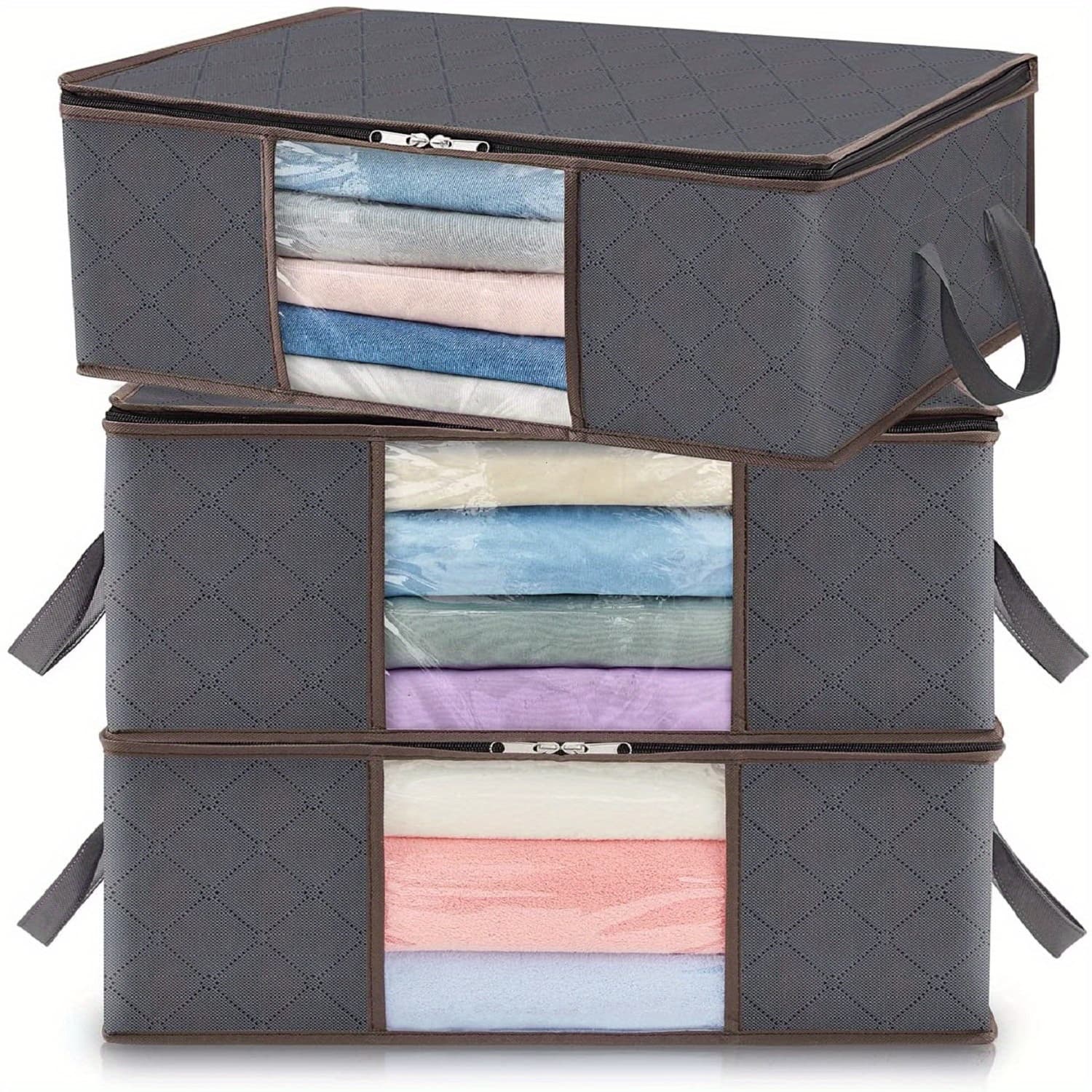 TEMU 3pcs Sturdy Foldable Storage Bag With Transparent Windows And Reinforced Handles, To Organize Closets And Winter Clothing, Under-bed Storage