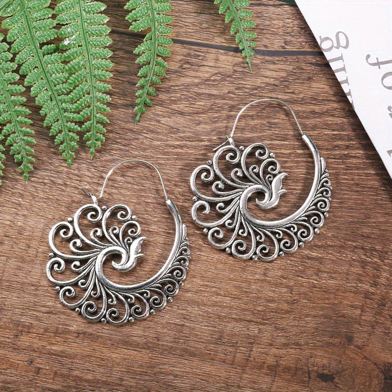 TEMU Vintage Metal Carved Cutout Peacock Earrings Boho Women Easy Hoop Drop Earrings