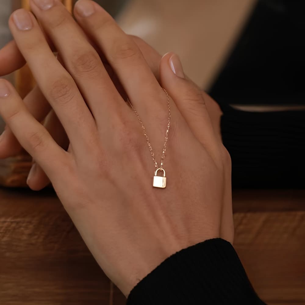 TEMU S925 Sterling Silver Necklace For Women, Luxury Glossy Small Golden Lock Pendant Necklace Clavicle Chain, Elegant Jewelry 1.5g/0.05oz
