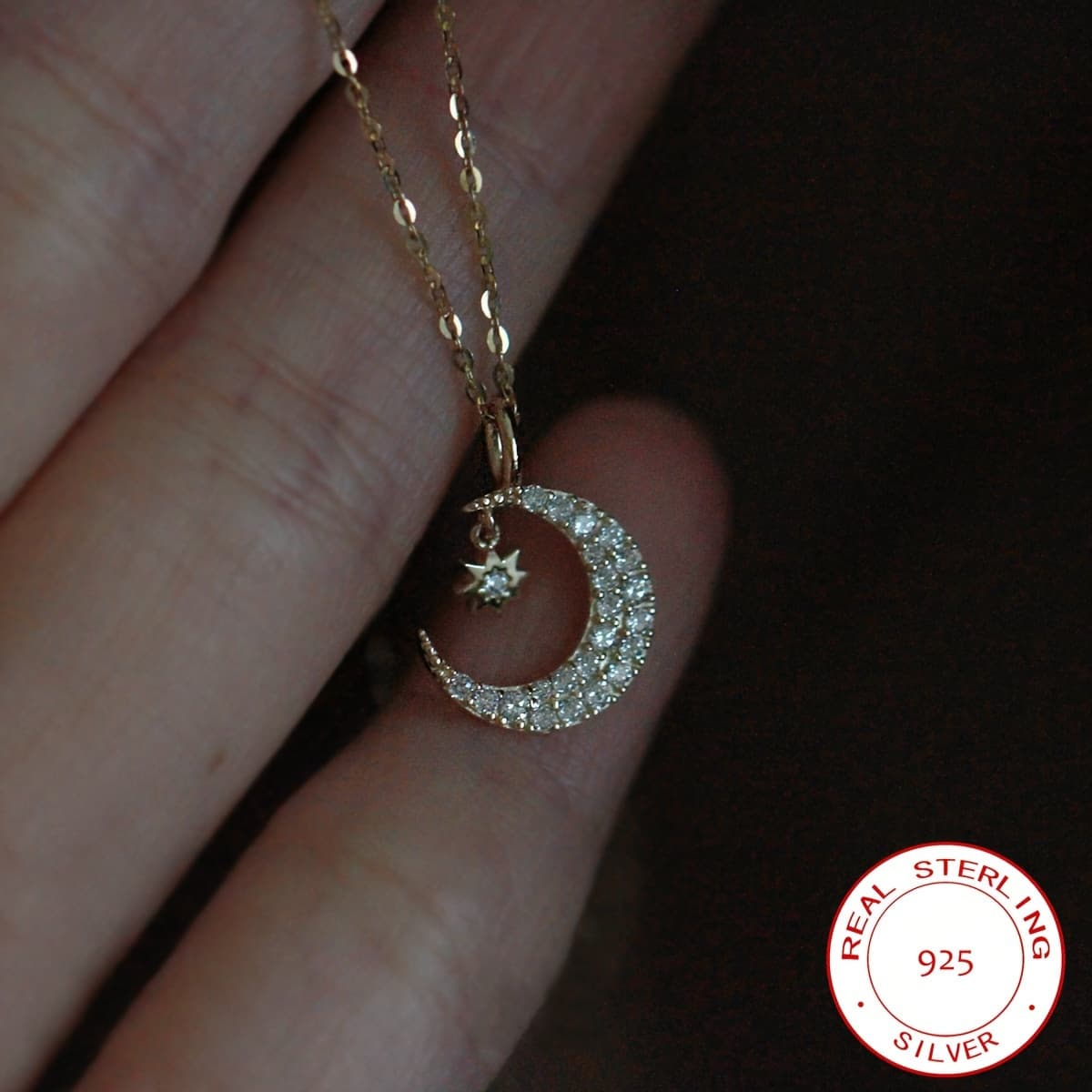 TEMU 925 Sterling Silver Necklace Trendy Moon & Shining Zirconia Match Daily Outfits Party Accessory High Quality Jewelry