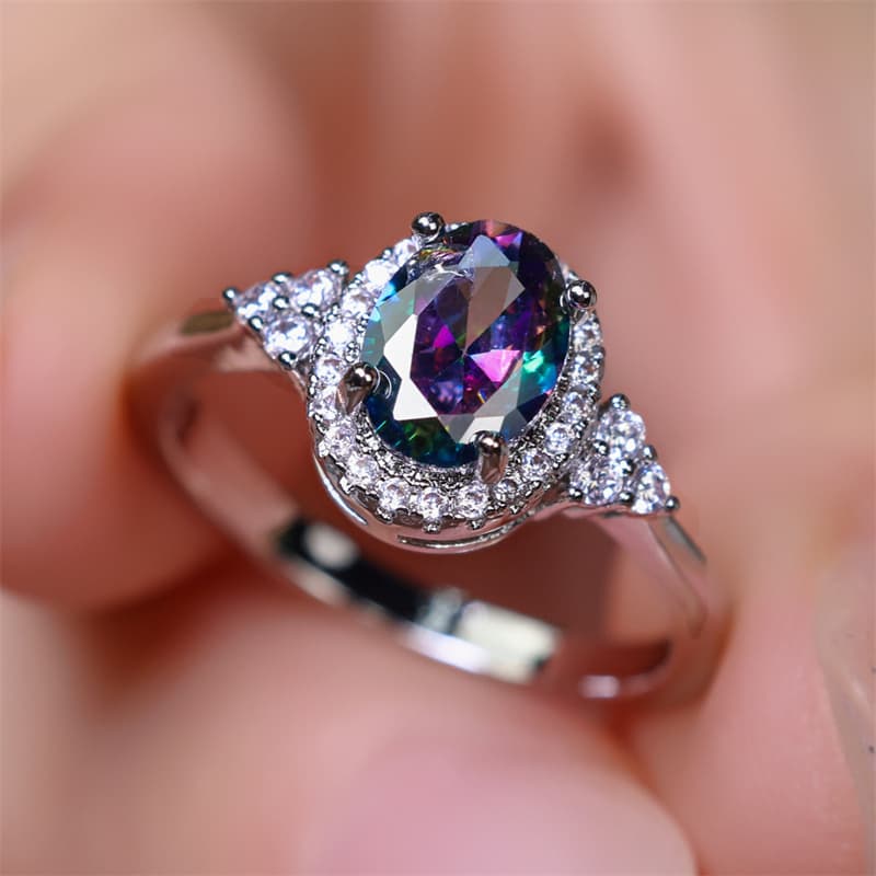 TEMU 1pc Silvery Color Oval Cut Multicolor Stone Cz Claw Rings Wedding Valentine's Day Gifts