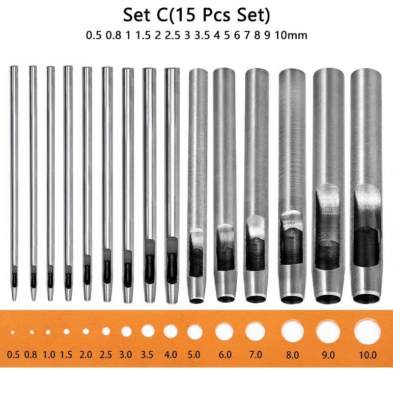 TEMU Wuta Carbon Steel Hollow Punch Set - 5-15 Pcs Round Hole Punch Tool Kit For Leathercraft, Watch Bands, Fabric, Plastics, And Gaskets