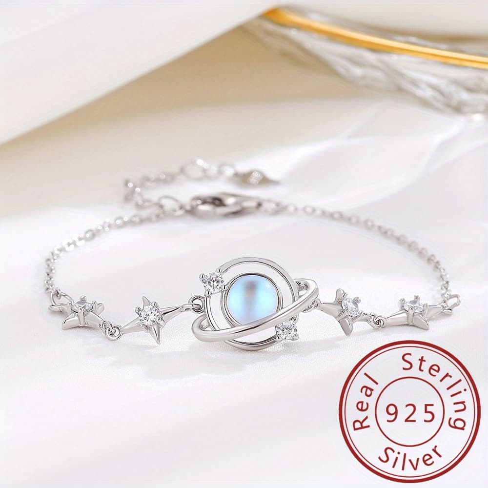 TEMU Elegant 925 Sterling Silver Bracelet - Dainty Planet Charm - Adjustable - Perfect For Casual & Special Occasions