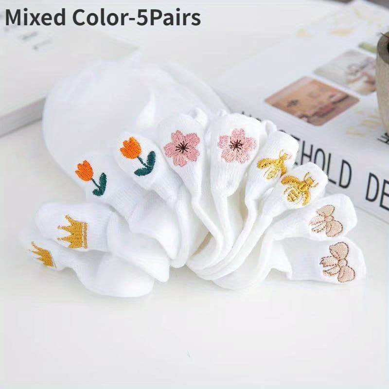 TEMU 5 Pairs Of Women's Summer Thin Embroidered Low Cut Socks - Comfortable And Breathable Invisible Short Socks