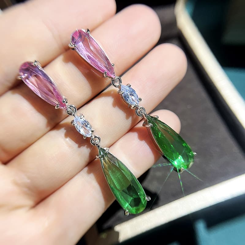 TEMU Luxury Green Zirconia Droplet Shaped Bohemian Style Earrings For Women's Fashionable Engagement Long Purple Pendant Earrings