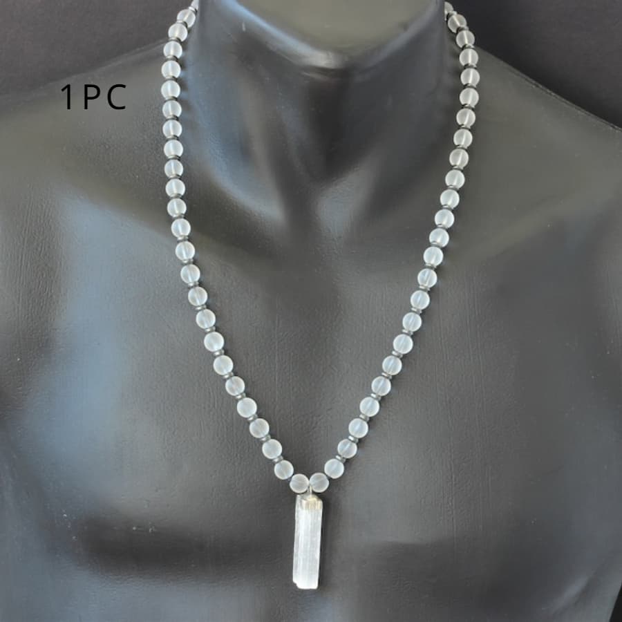 TEMU 1pc Natural Selenite Pendant Necklace Natural Quartz Beads Macrame Beaded Necklace Adjustable Long Necklace Necklace (8mm)