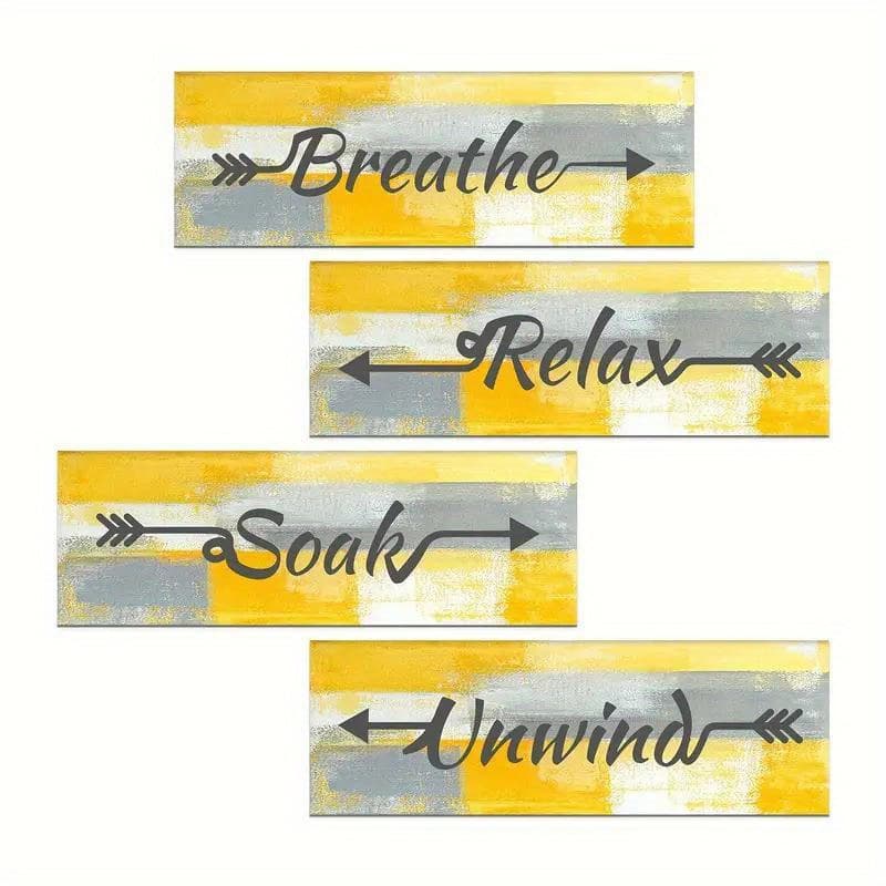 TEMU 2d Flat, 4pcs/set Yellow Wood Wall Decor (with Double Sided Tape) Relax Soak Breathe Wooden Board Painting Decorative Wall Art Room X 4 Inches/25 X 10 Cm
