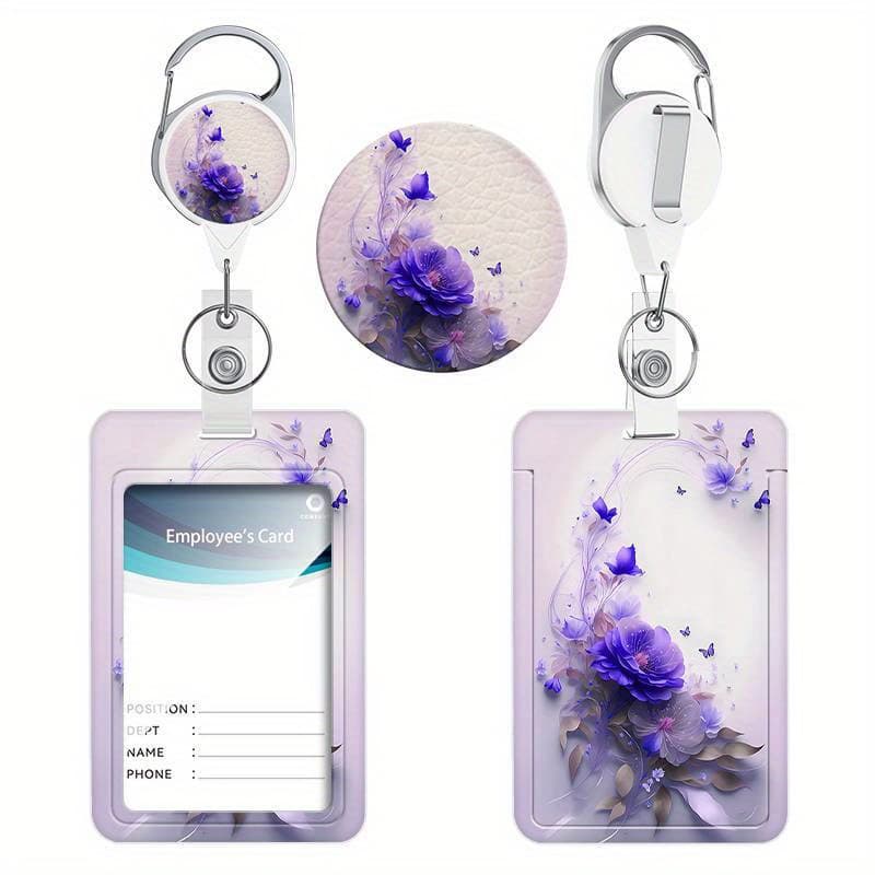 TEMU Elegant Purple Floral & Retractable Badge Holder - Easy-pull Id And Document Organizer For Nurses, Teachers, Office Staff