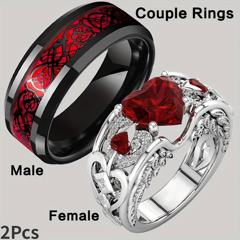TEMU 2pcs Fashion Couple Rings Engagement Ring Set For Men And Women, Heart-shaped Wedding Band In Alloy With