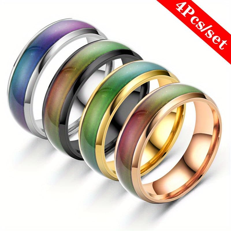 TEMU 4pcs/set European And New Thermal Sealing Glaze Changing Ring Light Plate Thermal Engagement Wedding Ring Anniversary Commemorative Gift Jewelry