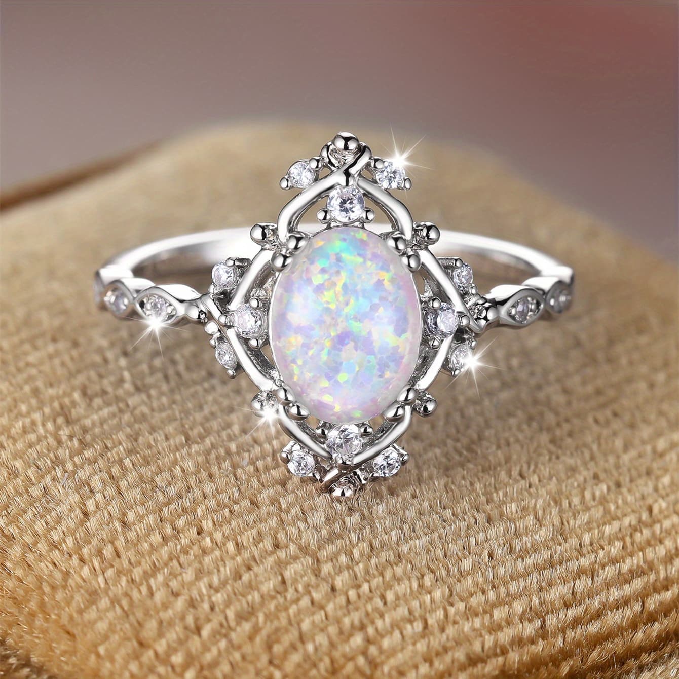 TEMU Bohemian Festive Oval Synthetic Opal Ring Women's Geometric Anniversary Ring Bride Luxury Flash High Quality Wedding Band