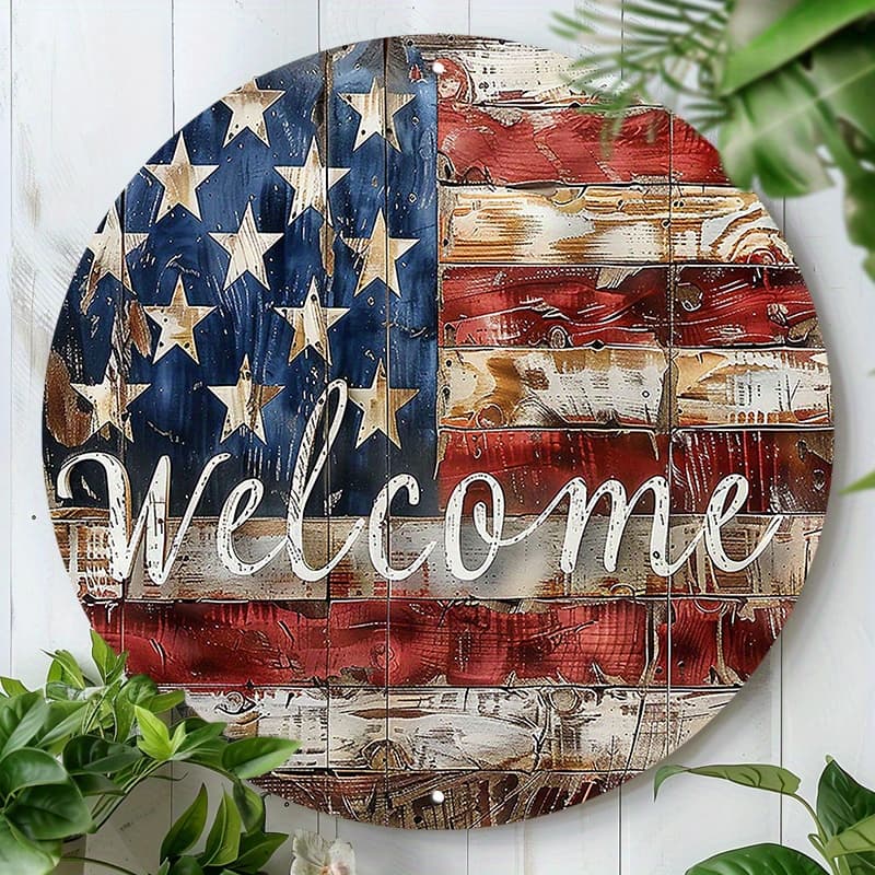 TEMU 2d Flat, 2d 1pc 8x8inch(20x20cm) Round Aluminum Sign Metal Sign American Flag Welcome Wreath Tin Sign For Business Outdoor Indoor Signs Decor, 2d Flat