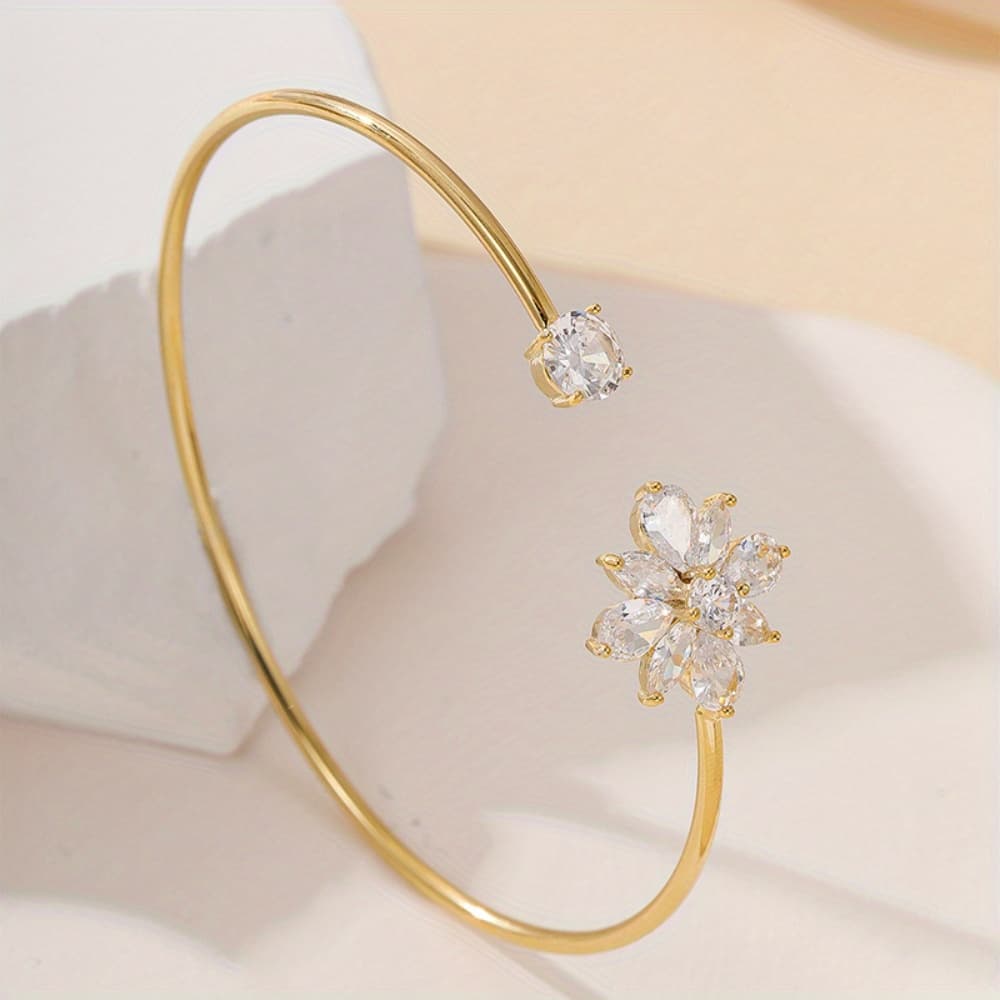 TEMU Minimalist Style Temperament Women's Floral All-match Inlaid Zirconia Niche Design Suitable For Daily Wear
