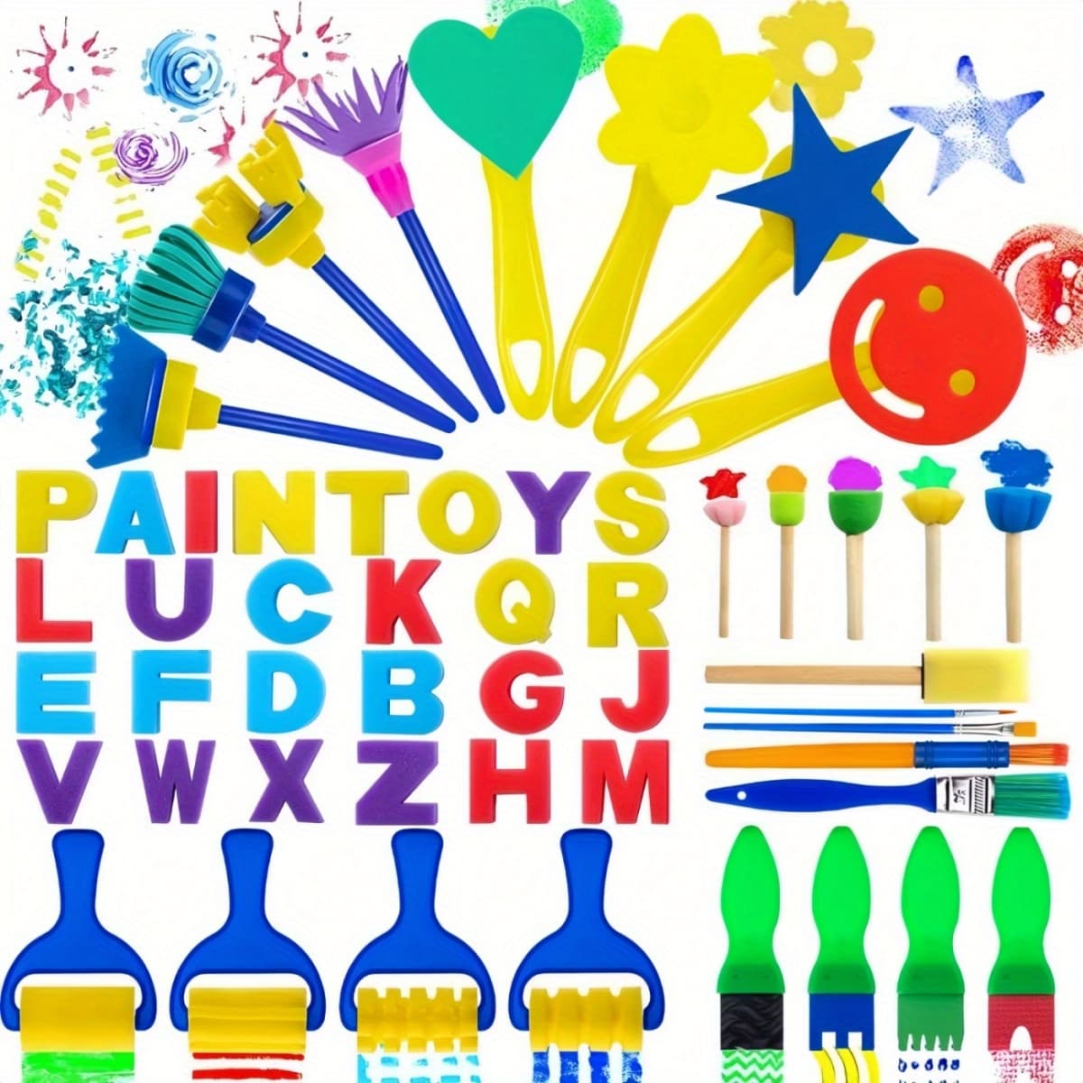 TEMU Set Of 52 Paint Sponges And Brushes, Reusable Tools For Painting, Featuring Eva Cartoon Pattern Stamps And Assorted Colors