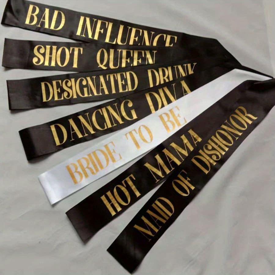 TEMU 1set For 7pcs 6black+1white Bachelorette Party Shoulder Strap Satin Sash - Wedding Bridal Supplies Ribbon